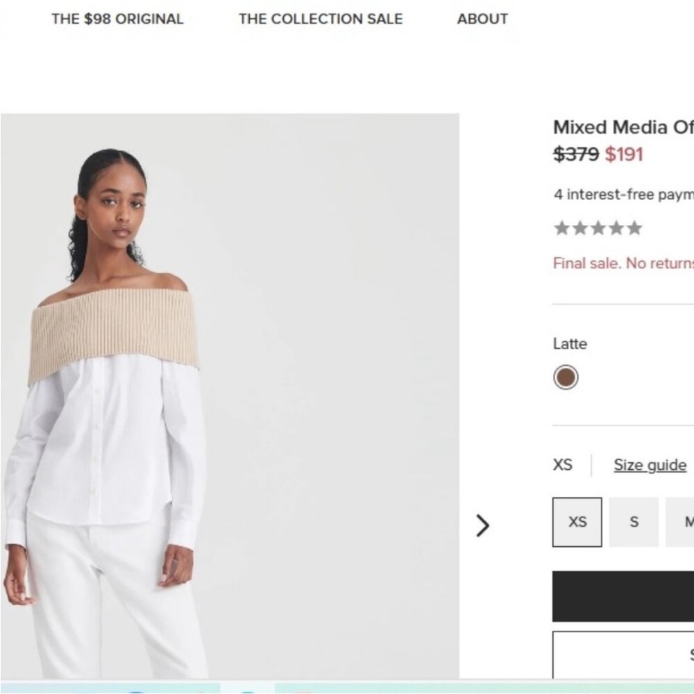 Naadam Beige and White Ribbed off the Shoulder Button up Shirt